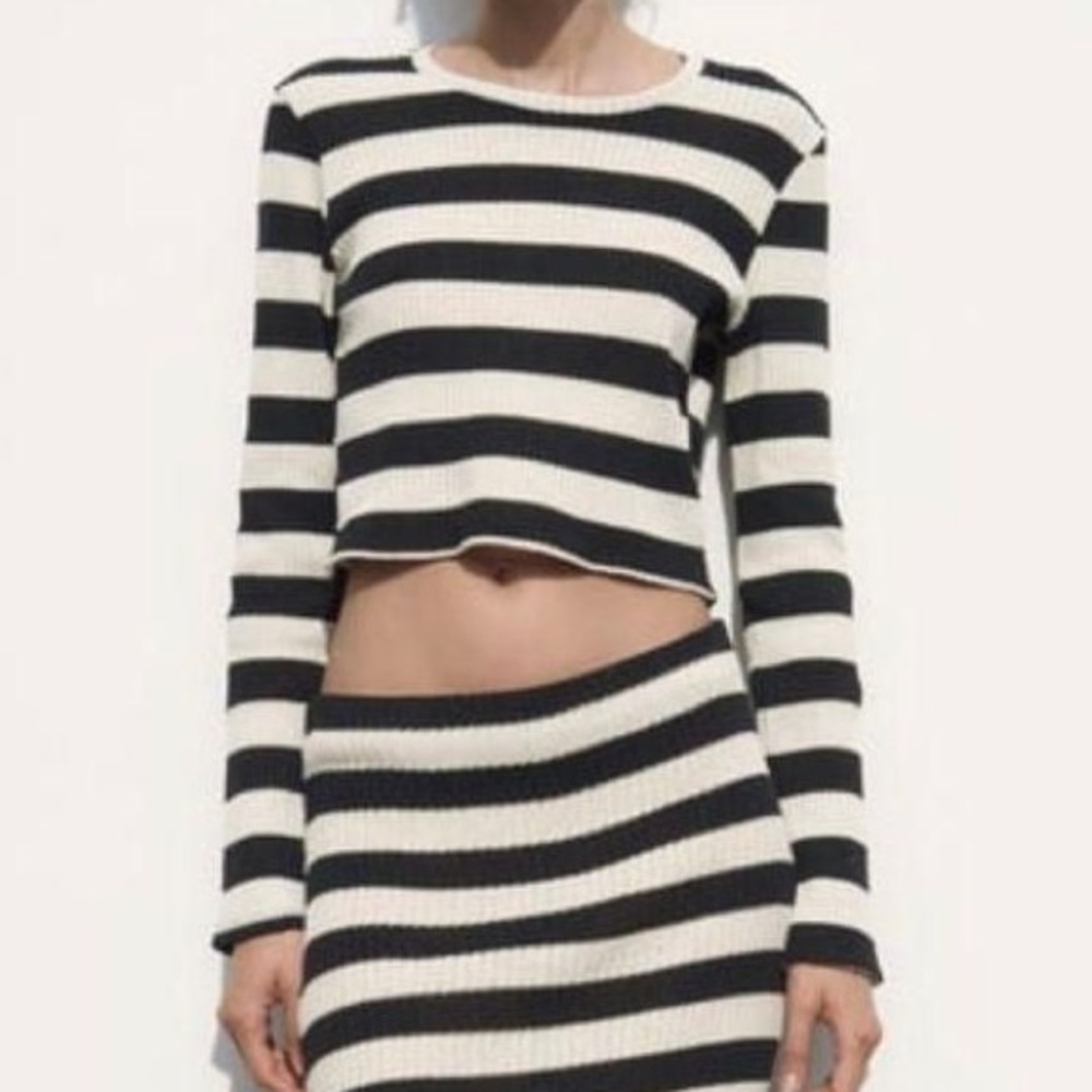 Zara striped long sleeve knit crop top beige/black NWT